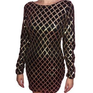 Sheer Mesh Gold Sequin Long Sleeve Dress NYE